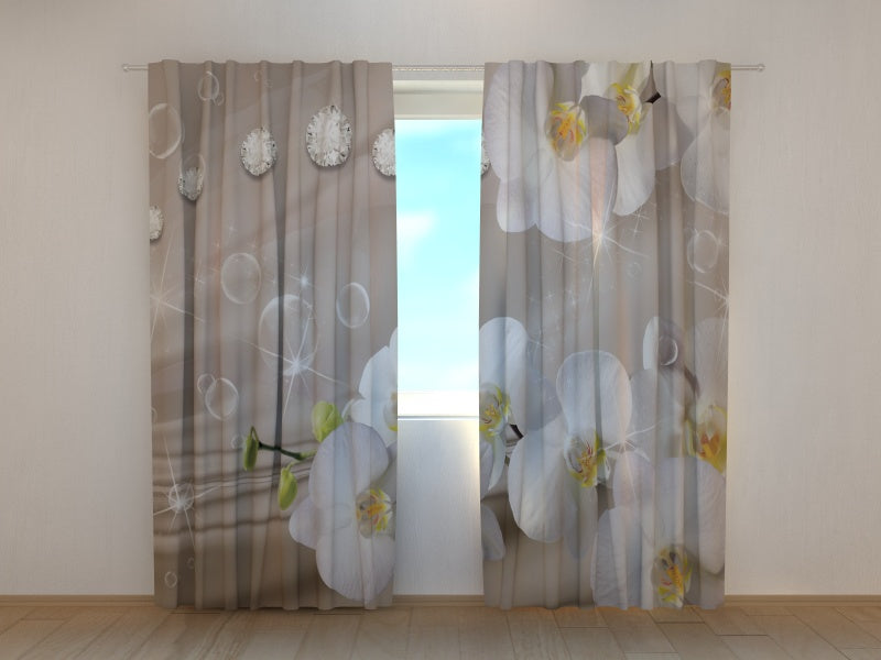 Foto Tende Orchidee e Strass su Seta Beige 2