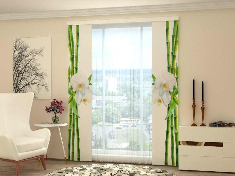 Set di 2 Tende a Pannello Bambù e Orchidea Bianca