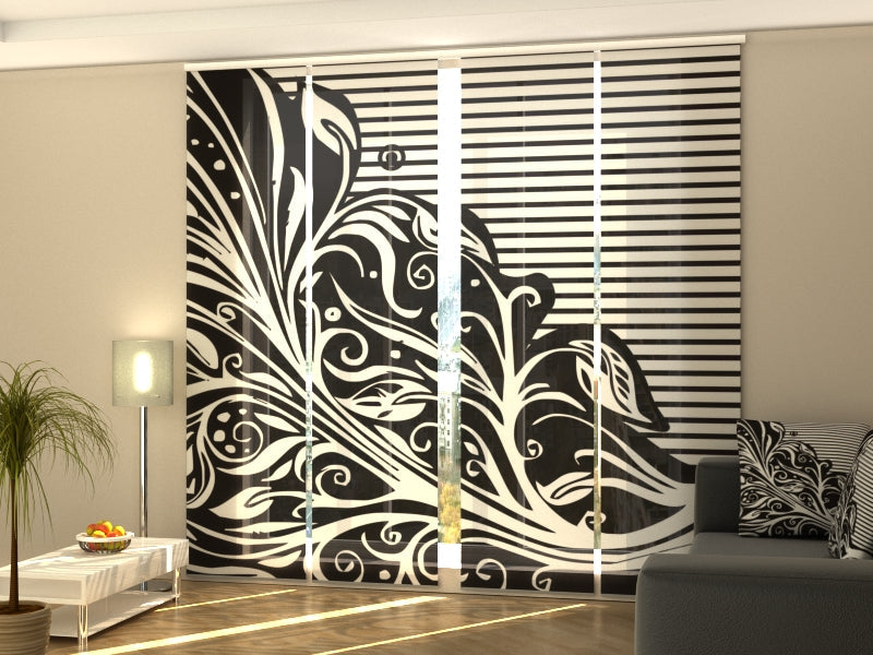 Set di 4 Tende a Pannello Astrazione Floreale in Bianco e Nero