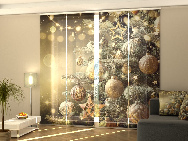 Set di 4 Tende a Pannello Albero Di Natale Con Decorazioni Dorate RetrC2