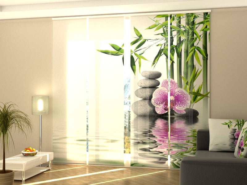 Set di 4 Tende a Pannello Orchidea Rosa Con BambC9 e Pietre