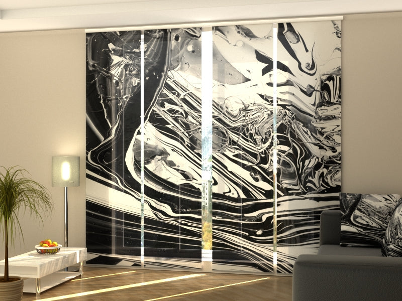 Set di 4 Tende a Pannello Astrazione Bianco Nera con Velatura