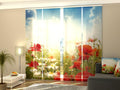 Set di 4 Tende a Pannello Papaveri Rossi e Cielo Blu