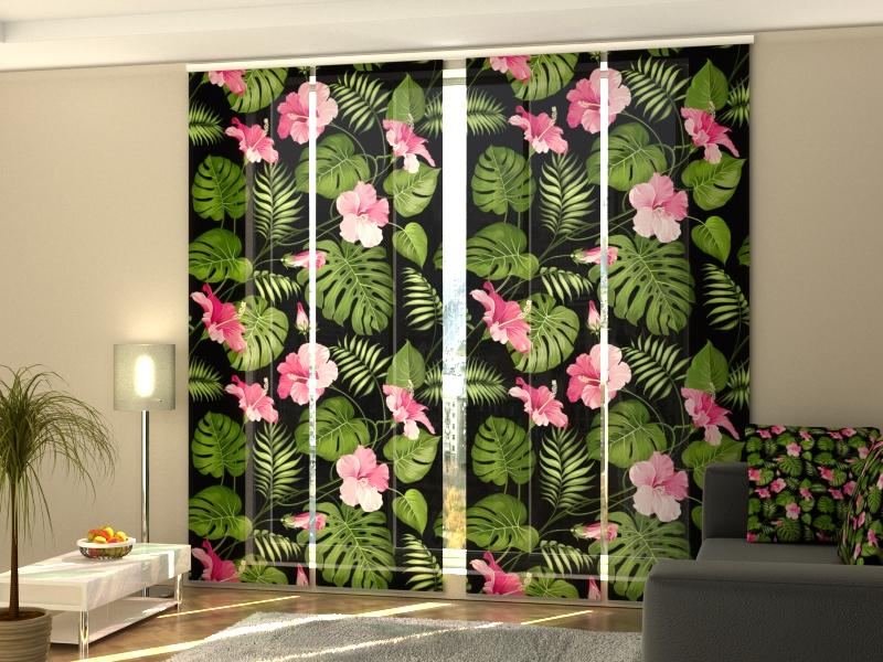 Set di 4 Tende a Pannello Fiori Tropicali su Fondo Nero