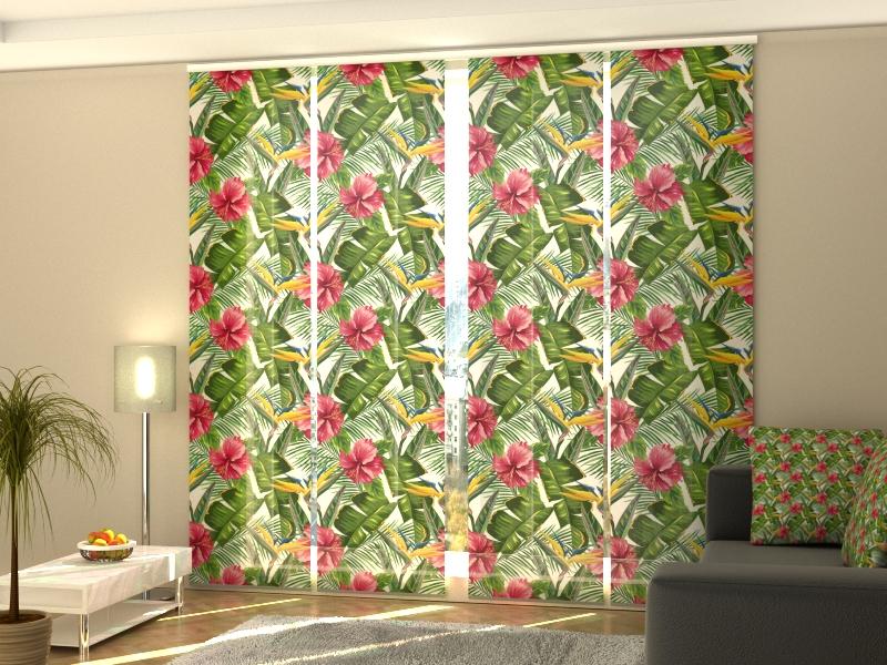 Set di 4 Tende a Pannello Foglie Tropicali e Strelitzia