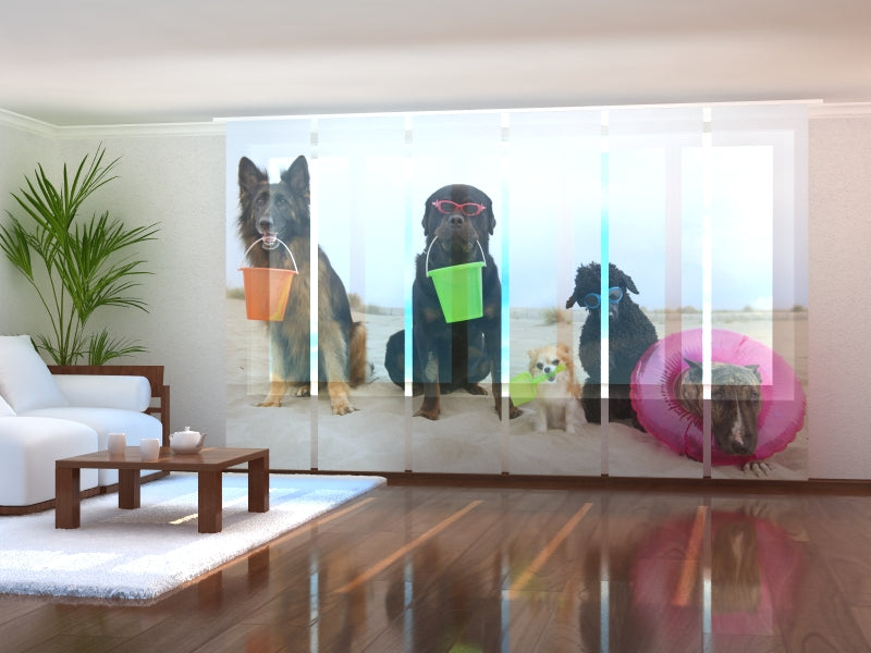 Set di 6 Tende a Pannello Cani in Appoggio su una Spiaggia