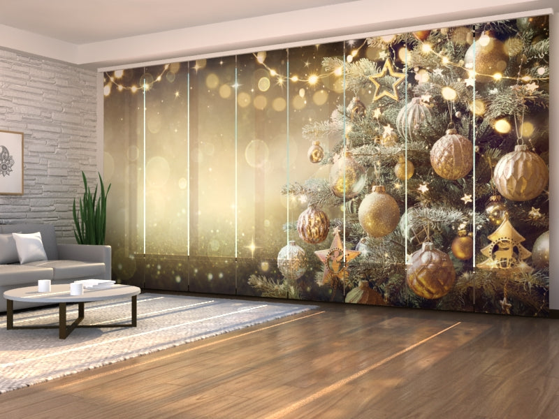 Set di 8 Tende a Pannello Albero Di Natale Con Decorazioni Dorate Retrò