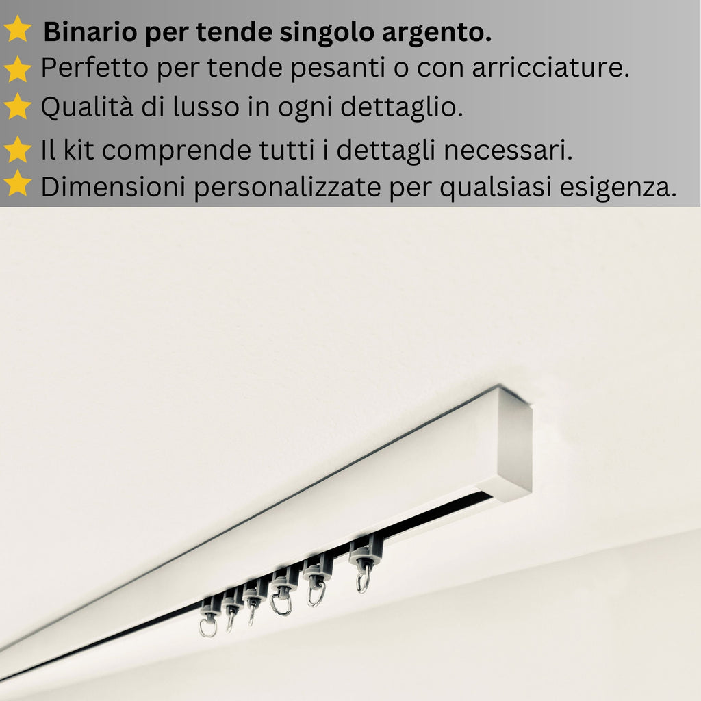 Binario per Tende, Singolo, color Argento, a Soffitto – Misure Personalizzate, Design Moderno e Funzionale