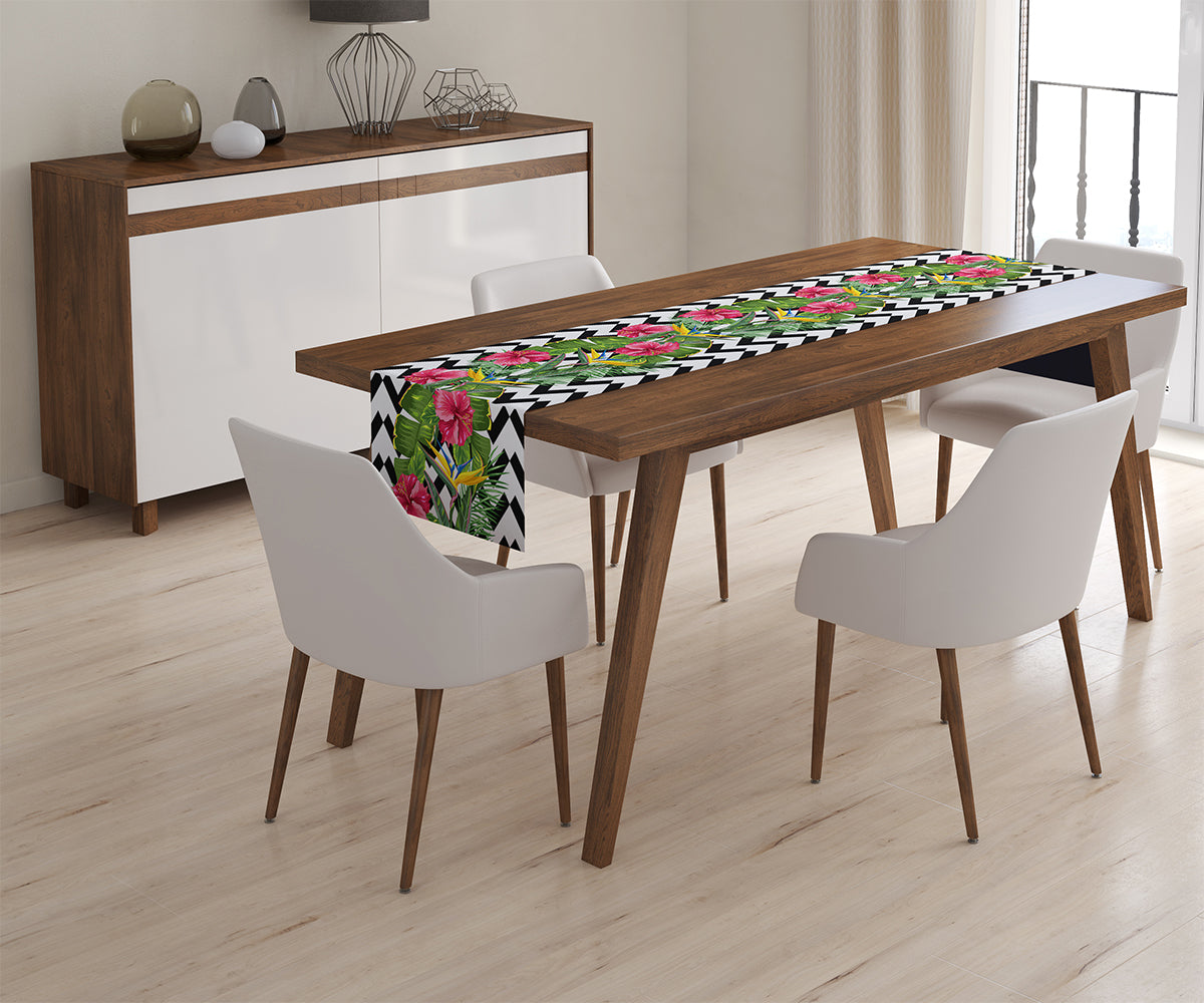 Tappeto Runner da Tavola Foglie Tropicali e Fiori di Ibisco